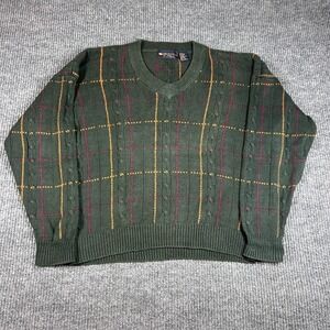 VTG New River Sweater Mens L Olive Green Windowpane Cotton V Neck Cable Knit Rib